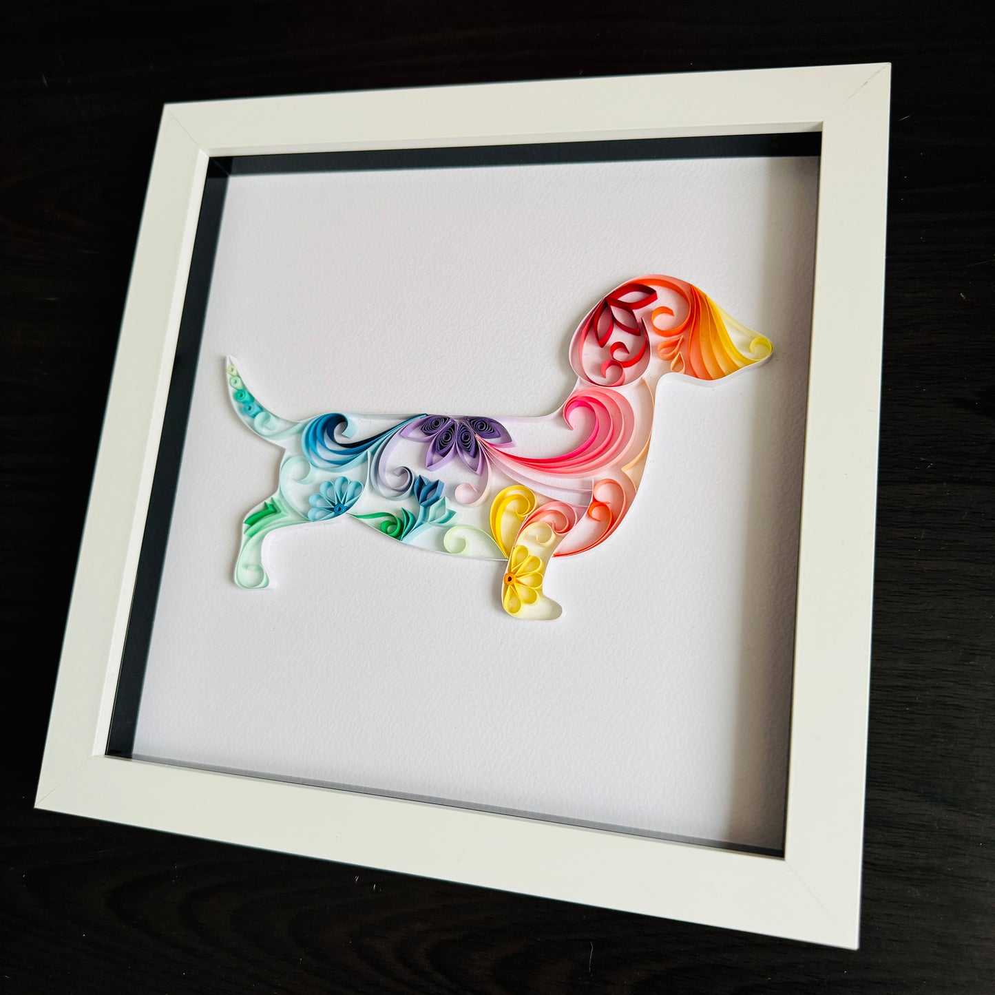 Rainbow Daschund quilling art