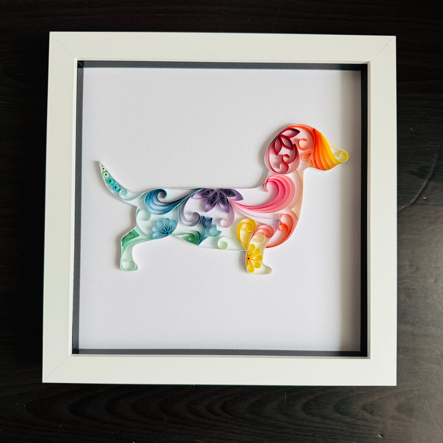 Rainbow Daschund quilling art