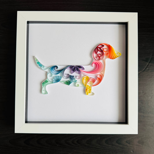 Rainbow Daschund quilling art