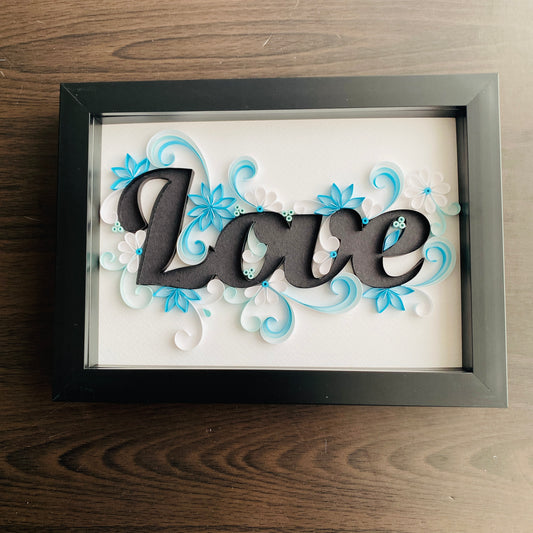 Love - blue floral quilled black frame