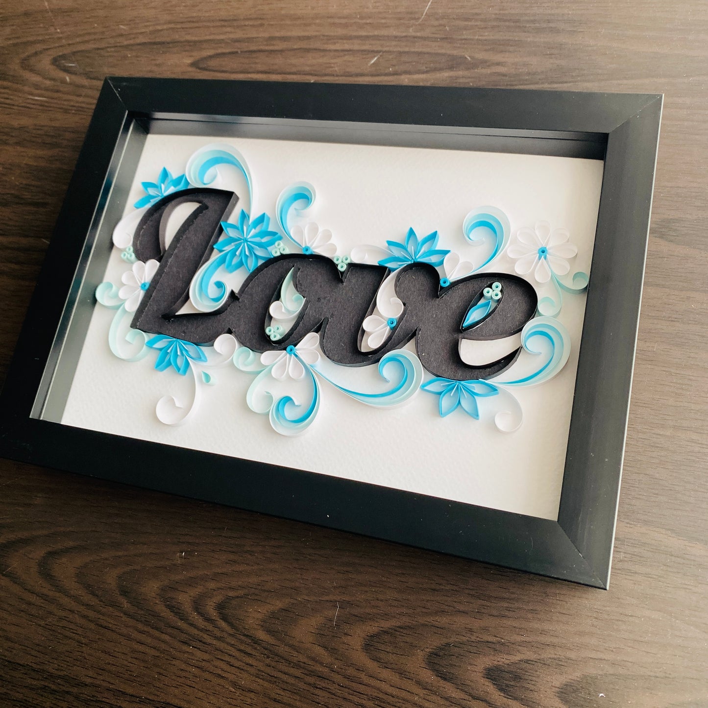 Love - blue floral quilled black frame