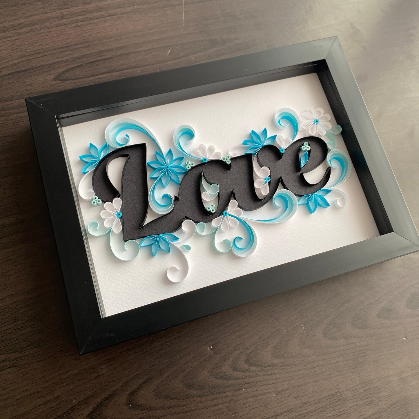 Love - blue floral quilled black frame