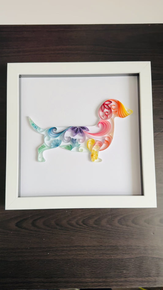 Rainbow Daschund quilling art