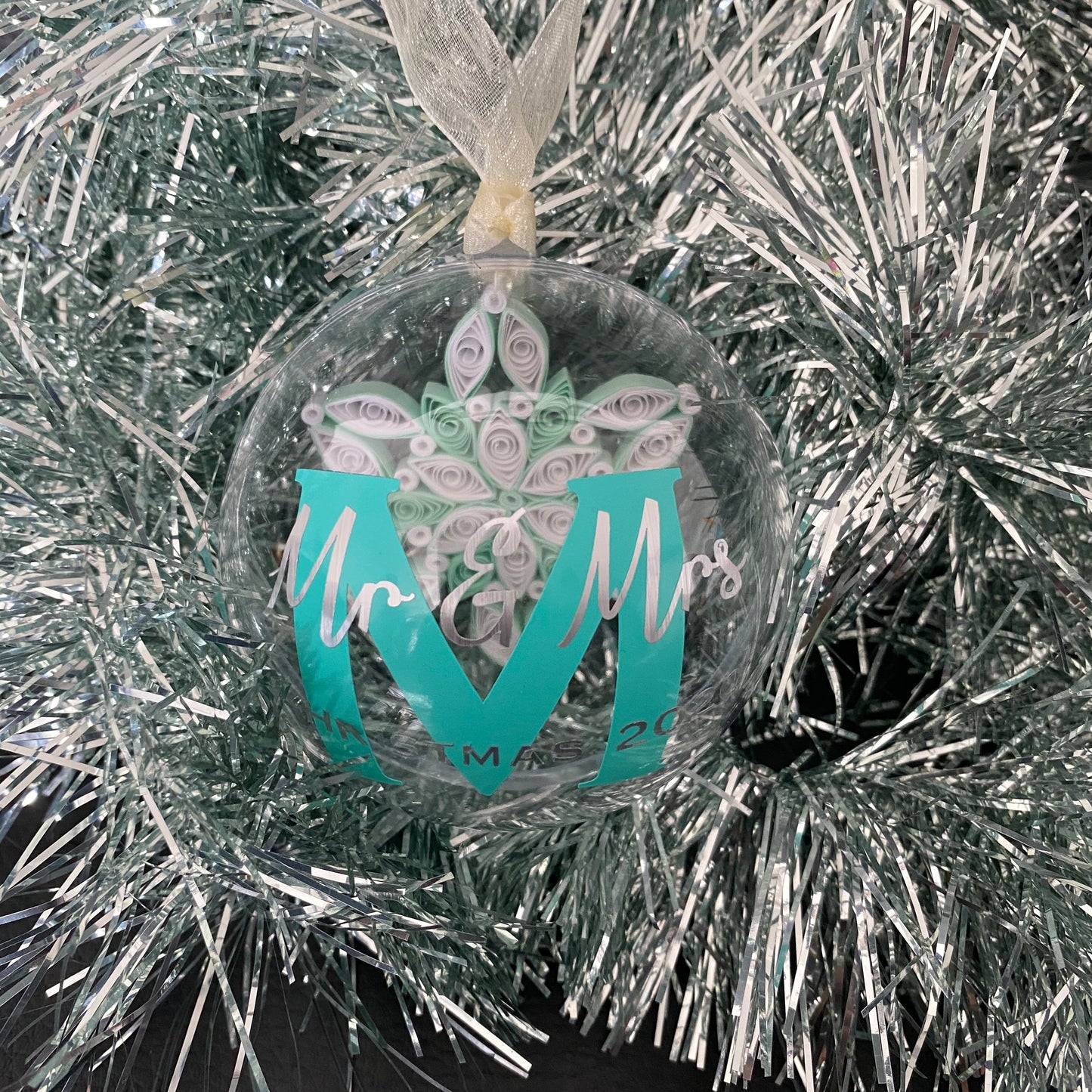 Personalised quilled snowflake in a  Bauble Christmas Tree Ornament