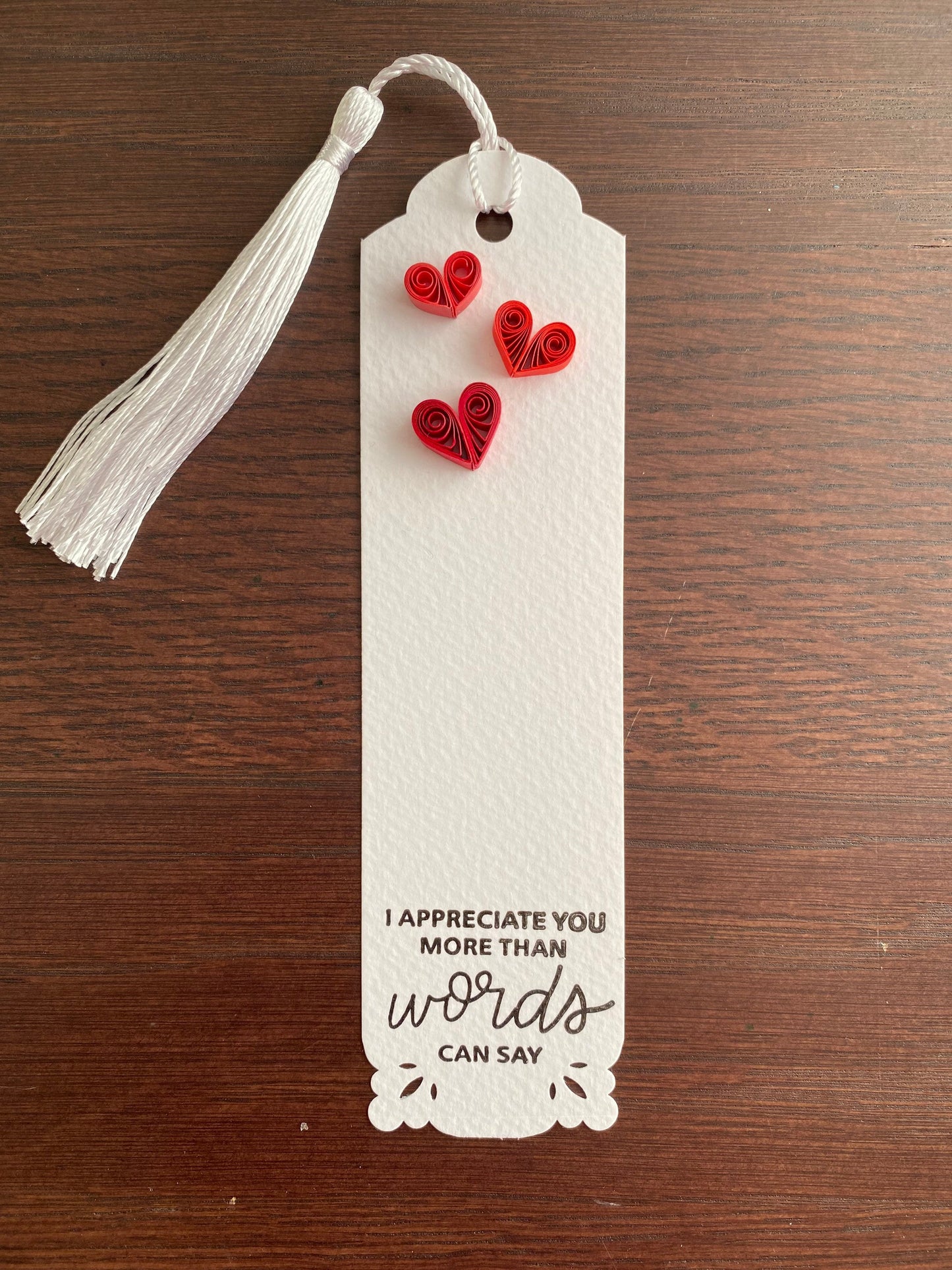 Quilled bookmark with white tassel - made to order with you quote & design