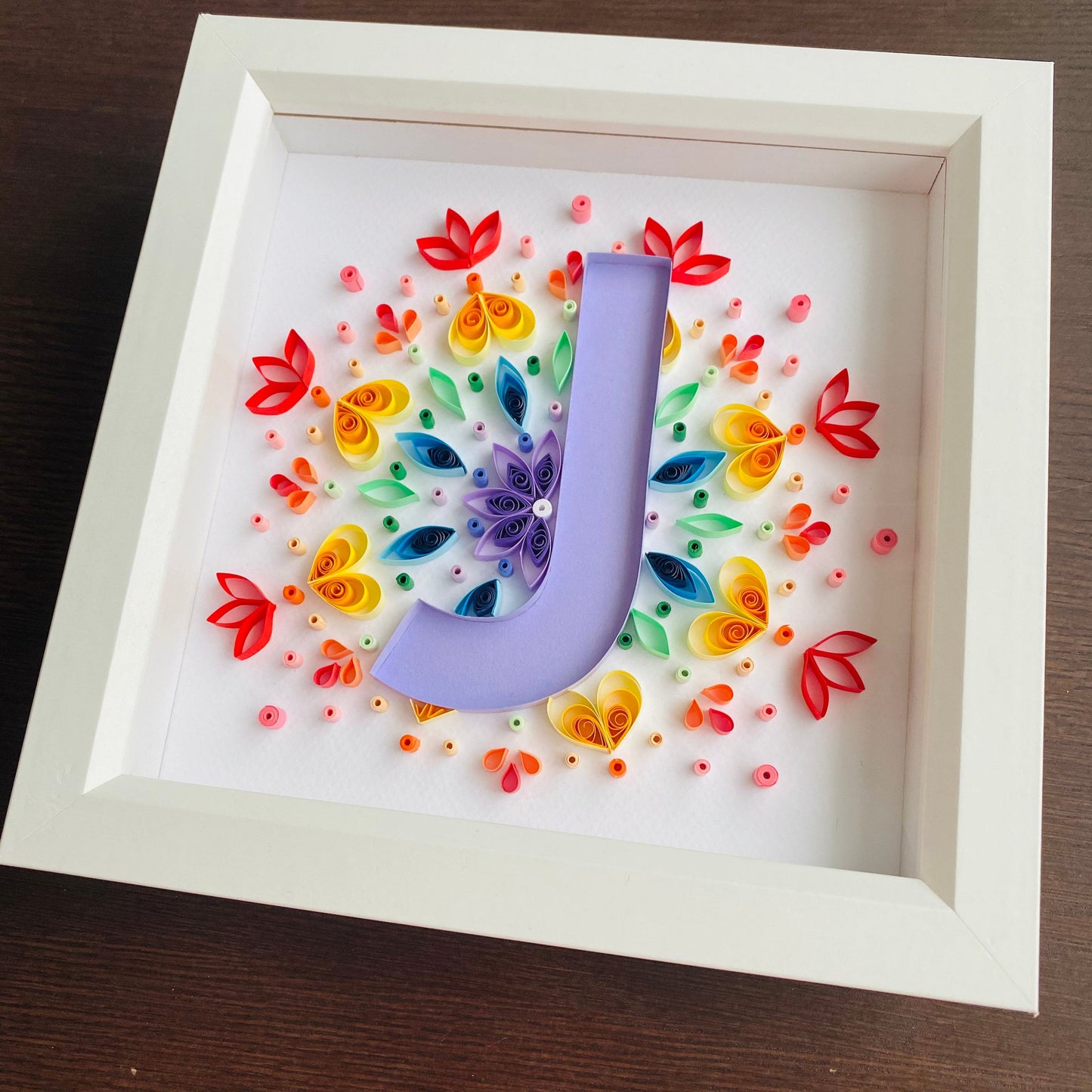 Rainbow Mandala  with purple letter Quilling Art Letter