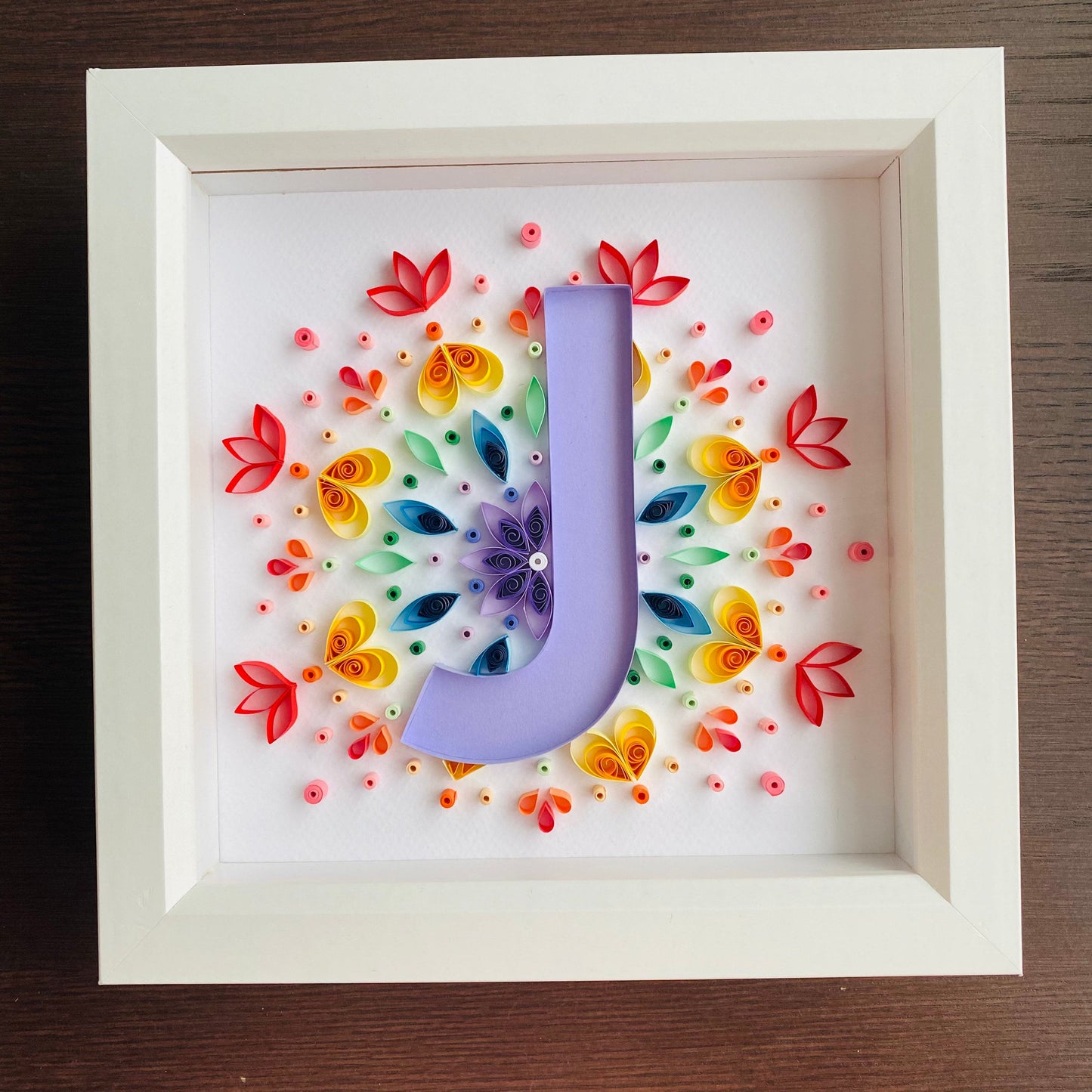 Rainbow Mandala  with purple letter Quilling Art Letter