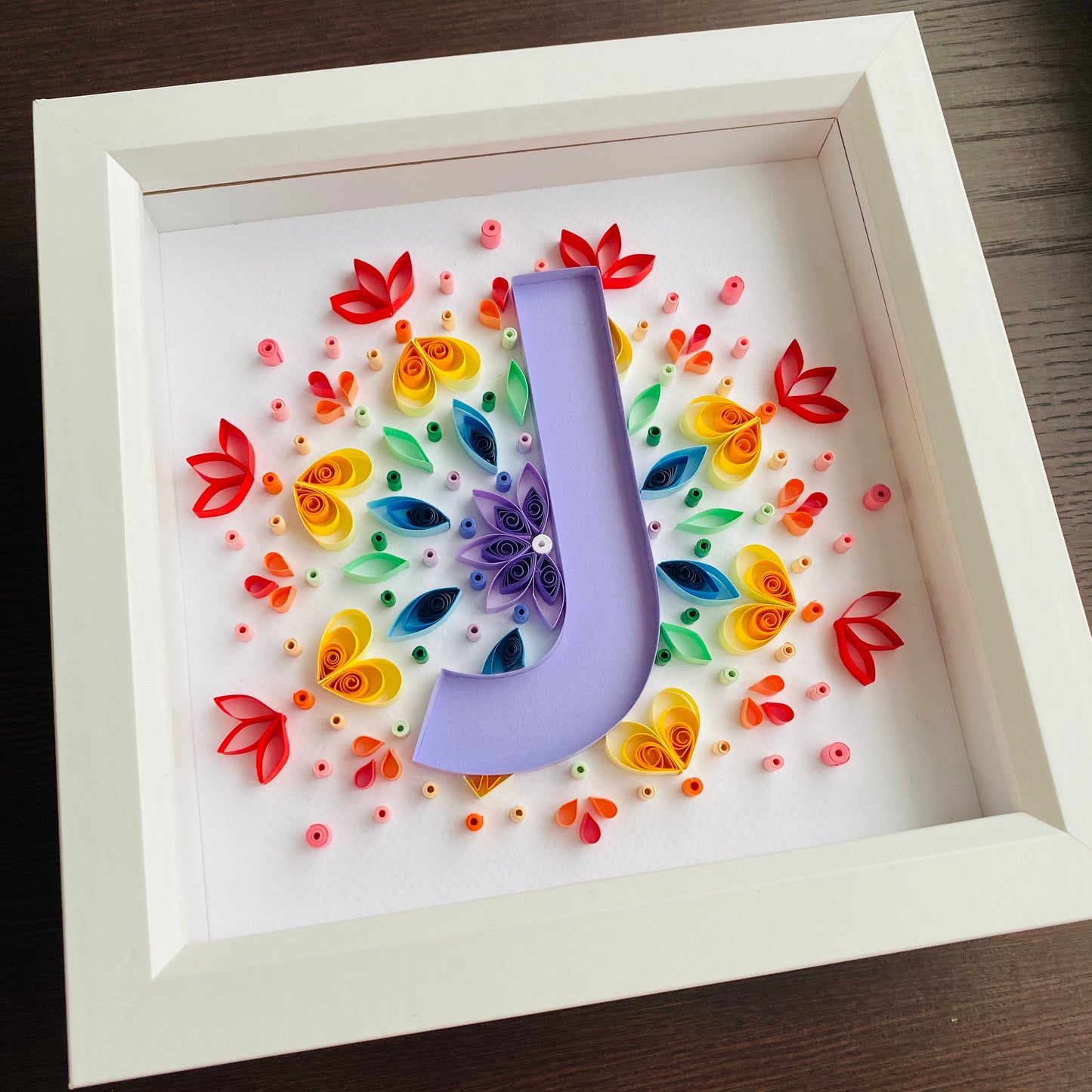 Rainbow Mandala  with purple letter Quilling Art Letter