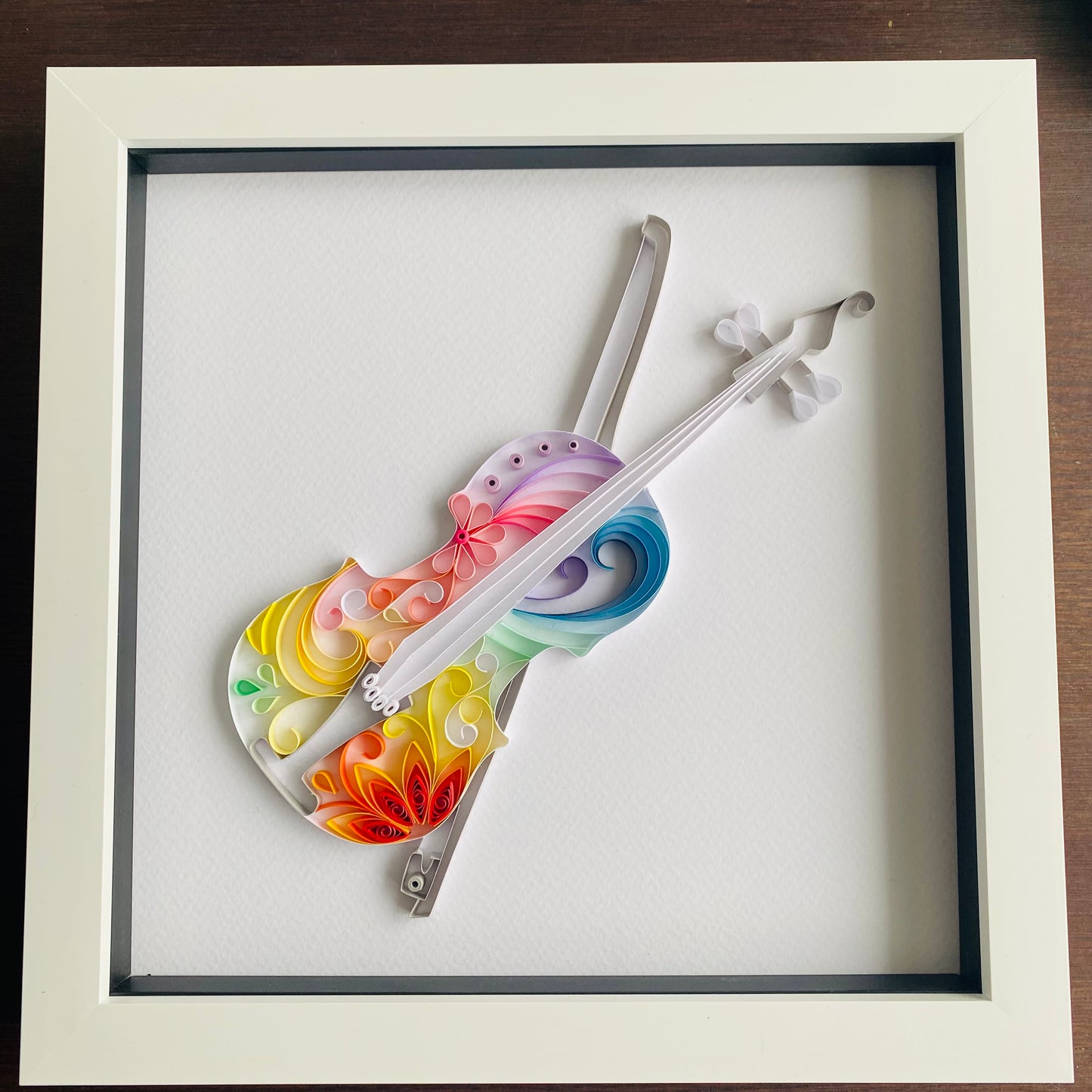 Paper quilled rainbow violin with bow