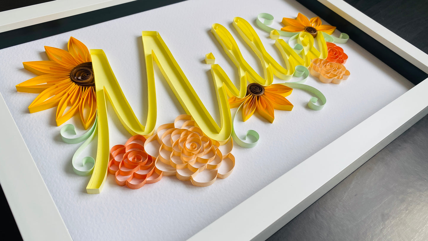 Quilled Sunflower and Roses Name frame